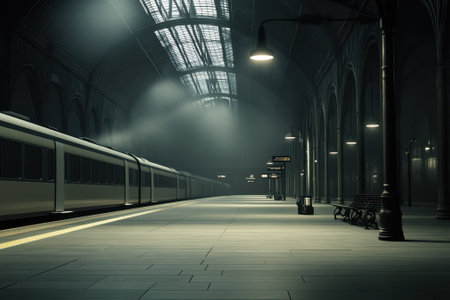 A lonely train station at night features empty platforms, dim lights, and a hauntingly serene atmosphere.の写真素材