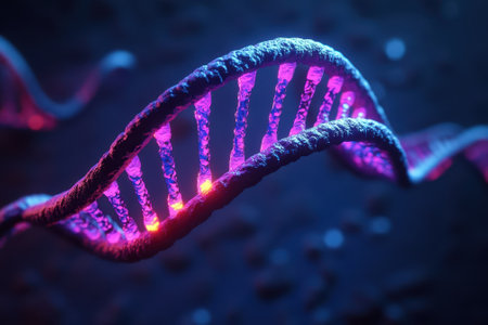 A vivid depiction of DNA with glowing strands in purple and blue against a dark backdrop showcases molecular structures.の写真素材