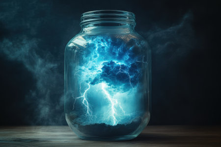 A swirling storm cloud enclosed in a glass jar emits bright blue lightning and smoke, depicting nature's power.の写真素材