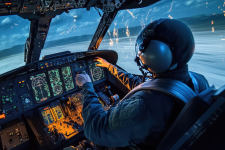 A skilled pilot maneuvers a modern helicopter in a twilight setting while managing intricate controls and instruments.の写真素材