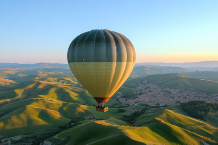 A hot air balloon floats above green hills at sunset, providing breathtaking views.の写真素材