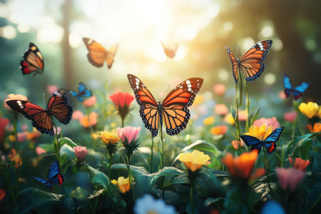 Butterflies of various colors dance above blooming flowers during a serene morning in a garden.の写真素材