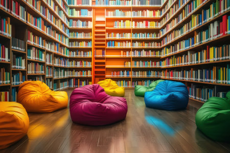 Brightly colored bean bags are arranged in a spacious library surrounded by tall, filled bookshelves.の写真素材