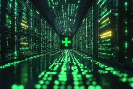 A corridor in a data center features glowing green lights and digital patterns illuminating the space.の写真素材