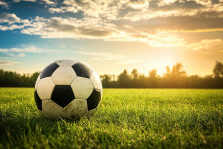 A soccer ball rests on a lush green field as the sun sets, casting a warm glow over the landscape.の写真素材