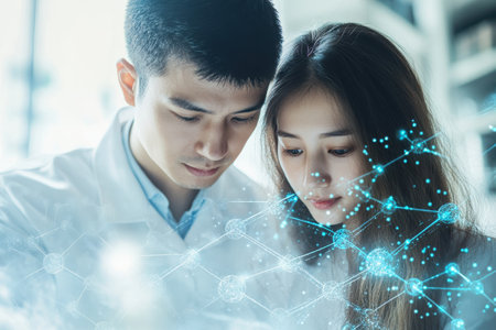 Two scientists focus on data analysis in a laboratory, with digital visuals enhancing their work.の写真素材