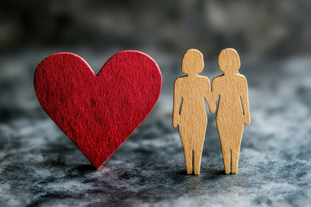 Two stylized wooden figures stand hand in hand next to a vibrant red heart on a textured background.の写真素材