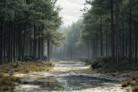 A serene forest scene shows a narrow waterway surrounded by tall trees on a misty day.の写真素材