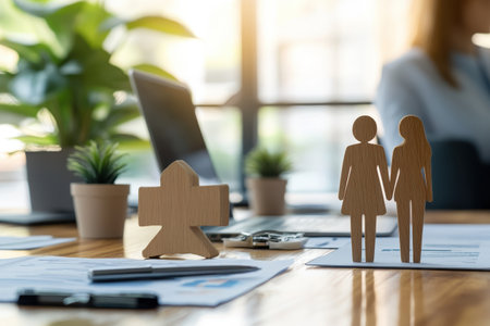 Wooden figures of a man and woman holding hands on a desk filled with documents and greenery nearby.の写真素材