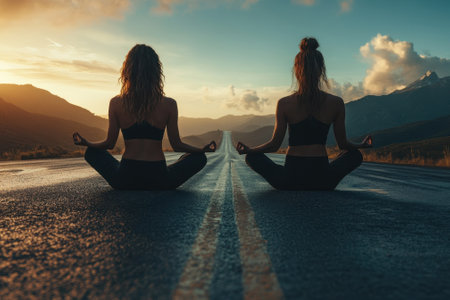 Two women are meditating in yoga poses on a serene road surrounded by mountains during sunset.の写真素材