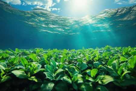 Vibrant aquatic plants thrive below water's surface, bathed in sunlight and surrounded by gentle waves.の写真素材