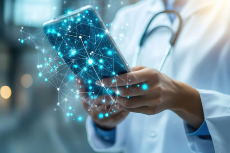 A medical professional interacts with a smartphone, utilizing digital tools for patient care in a healthcare setting.の写真素材