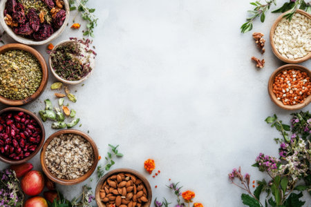 A vibrant assortment of herbs, grains, and fruits is beautifully arranged around a blank space.の写真素材
