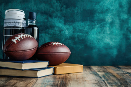 Two footballs and several books are arranged on rustic wood, creating a training atmosphere with a teal backdrop.の写真素材