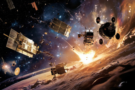 Multiple satellites surround a vibrant explosion in outer space, showcasing technology and cosmic beauty.の写真素材