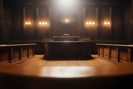 The setting showcases a wooden courtroom with warm lighting, emphasizing an atmosphere of justice and authority.の写真素材
