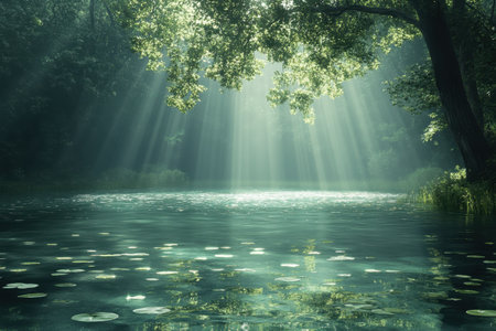 Gentle rays of sunlight stream through trees, reflecting on a tranquil lake lined with lily pads.の写真素材