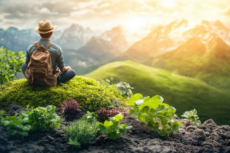 A traveler sits calmly on a grassy mound, absorbing the stunning sunset and mountain scenery.の写真素材