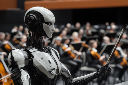 A robot conductor gracefully directs an orchestra in a modern concert hall filled with musicians.の写真素材
