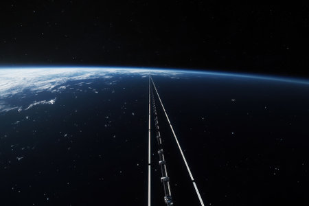 A futuristic habitat structure stretches into space, showing a stunning view of Earth and its atmosphere.の写真素材