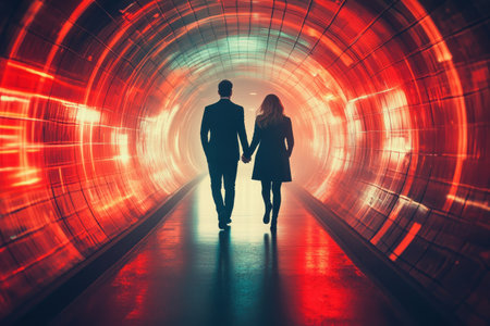 A couple walks together, holding hands in a brightly lit tunnel filled with colorful lights at night.の写真素材