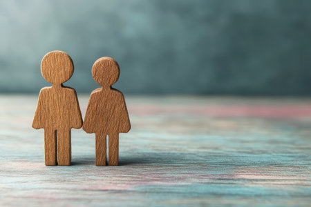 Two wooden figures representing a couple stand side by side on a textured surface, softly illuminated.の写真素材