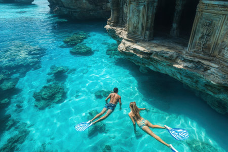 Two snorkelers glide through vibrant turquoise waters, discovering underwater rock formations and ruins.の写真素材