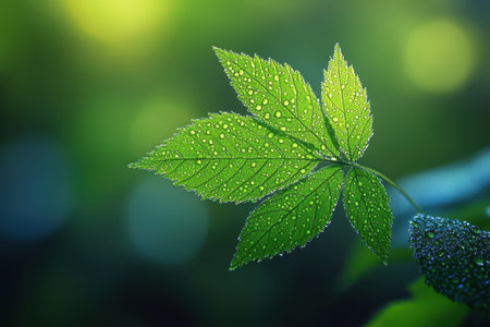 Dew-covered green leaves shine brightly in gentle morning light, showing nature's beauty and freshness.の写真素材