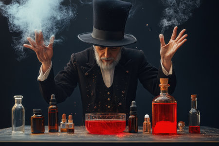 A bearded alchemist in a top hat mixes vibrant potions at a table surrounded by glass containers and smoke.の写真素材