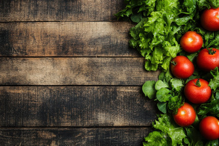 Bright red tomatoes and crisp lettuce arranged on a dark wooden surface, perfect for a fresh salad.の写真素材