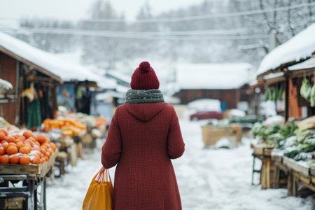 A woman in a red coat strolls through a snowy market, surrounded by fresh fruits and vegetables in winter.の写真素材