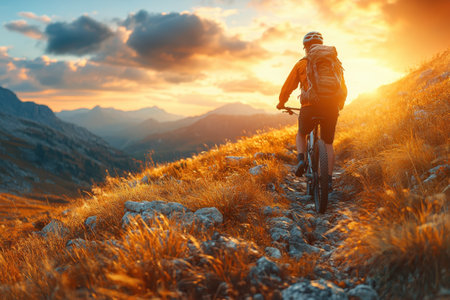 A cyclist navigates a rocky path while the sun sets, illuminating the landscape in warm, golden hues.の写真素材