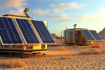 Two modern solar-powered homes stand in a desert, with solar panels glistening under a warm sunset sky.の写真素材