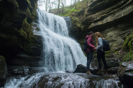 Two individuals stand at a waterfall, captivated by the cascading water and the tranquil forest surroundings.の写真素材