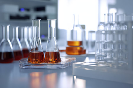 Glass beakers and flasks filled with orange liquid sit on a laboratory table, illuminated by natural light.の写真素材