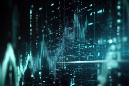 Complex digital patterns and sound waves are displayed in a dark backdrop, illustrating advanced technology.の写真素材