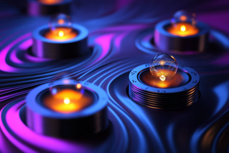 Glowing spheres rest on an abstract surface, surrounded by swirling patterns and colorful light reflections.の写真素材