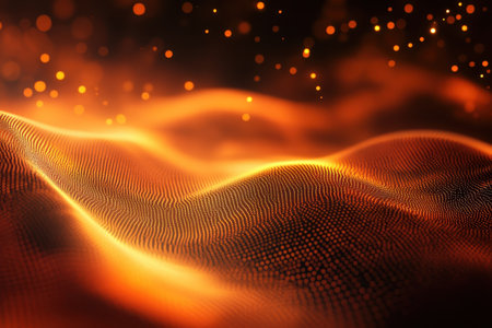Glowing orange waves undulate gracefully in a dark setting, evoking a sense of warmth and movement.の写真素材