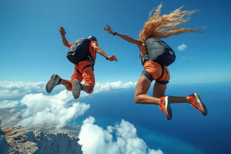 Two thrill-seekers leap from a cliff towards the shimmering ocean, surrounded by white clouds and bright blue sky.の写真素材