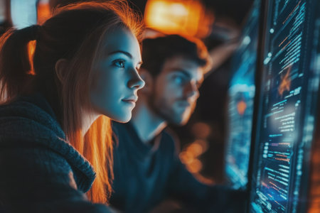 Two young individuals immerse themselves in coding while exploring complex programming on screens.の写真素材