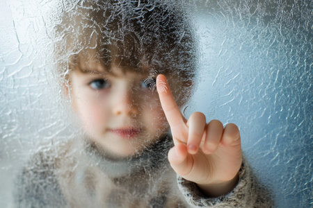 A young child presses her finger against frosted glass, intrigued by the patterns, showing curiosity and wonder.の写真素材