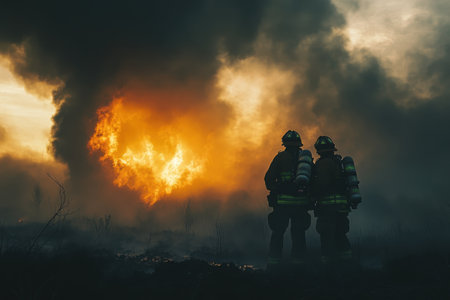 Two firefighters stand back-to-back as they confront a fierce wildfire under a smoky sunset sky.の写真素材