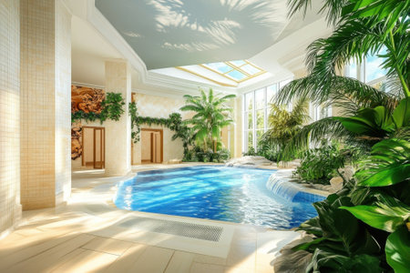 A serene pool area features tall plants and natural light, creating a relaxing atmosphere for leisure and enjoyment.の写真素材