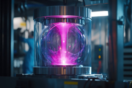 A glowing sphere of plasma is contained within a clear vessel, surrounded by laboratory equipment.の写真素材