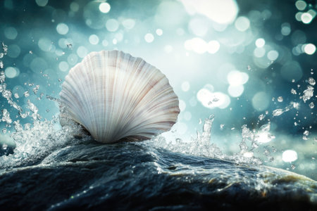 A shell sits atop a rock as water splashes around it, creating a beautiful sparkling effect during the day.の写真素材