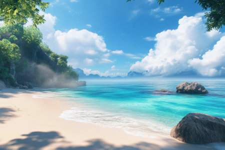 A serene beach setting features soft sand, vibrant water, and picturesque clouds on a sunny day.の写真素材