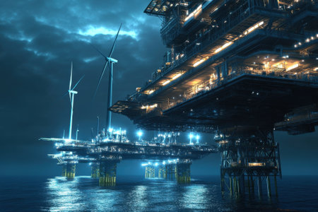 Large offshore energy platforms shine brightly in the night, surrounded by calm waters and wind turbines.の写真素材