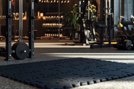 A sleek gym interior features exercise mats and various weights arranged for workouts.の写真素材