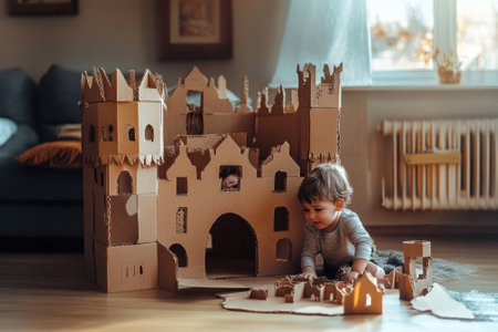 A young child joyfully builds and explores a cardboard castle, surrounded by a warm living room atmosphere.の写真素材