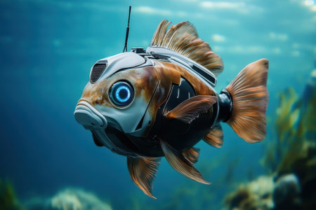 A robotic fish with striking features swims gracefully among colorful marine life, showcasing innovation in design.の写真素材